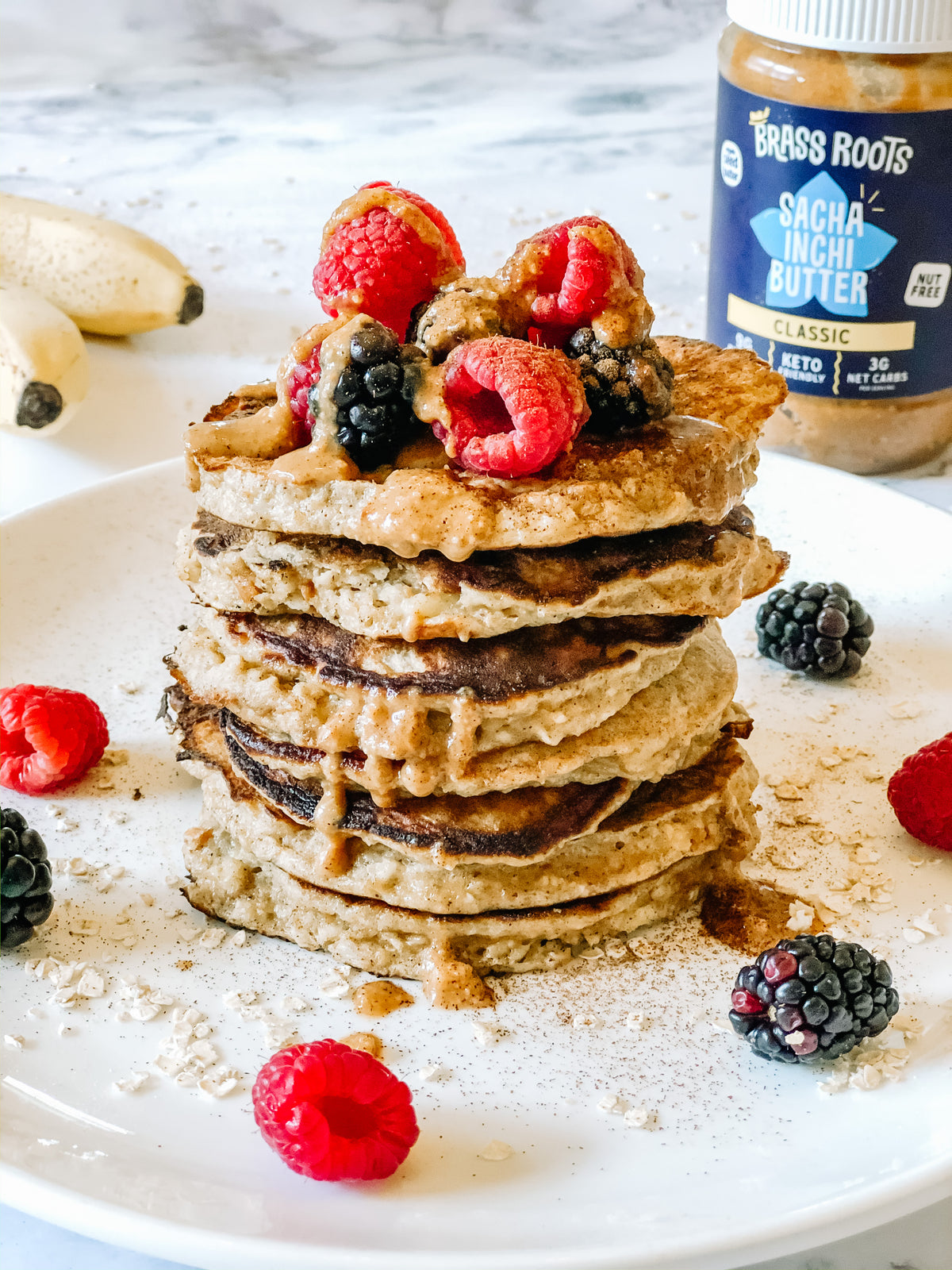 Easy Sacha Inchi Butter Banana Oat Pancakes [Vegan, GF]