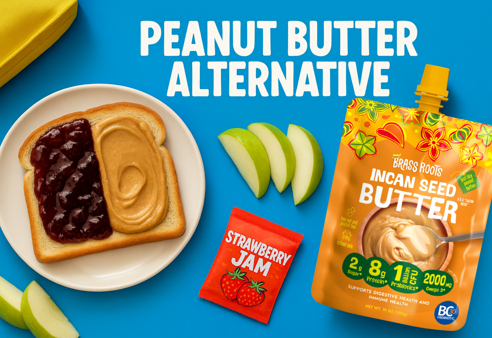 Brass Roots Incan Seed Butter packaging with a toast spread with jam and strawberry jam packets on a blue background.