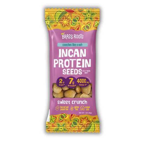 Brass Roots Sweet Crunch roasted sacha inchi seeds in a 1 oz snack bag