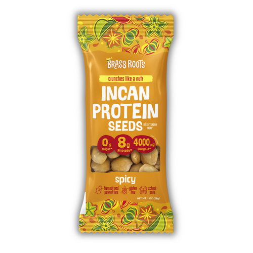 Brass Roots Spicy roasted sacha inchi seeds in a 1 oz snack bag