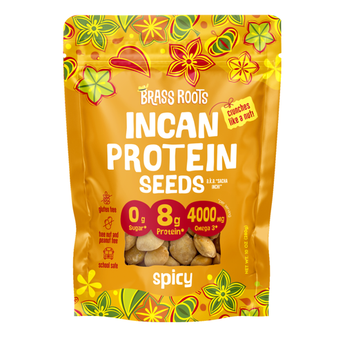 Brass Roots Spicy roasted sacha inchi seeds in a 10 oz snack bag