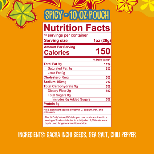Nutrition facts for Brass Roots Spicy 10 oz roasted sacha inchi seed snack bag