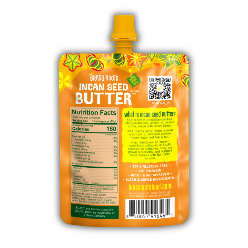 Brass Roots Incan Seed Butter packaging with nutrition facts and QR code on a white background